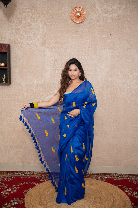 Hansika-Blue Silk Saree with leaf embroidery