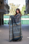 Iravati - Blue Ajrakh Maheshwari Silk Saree