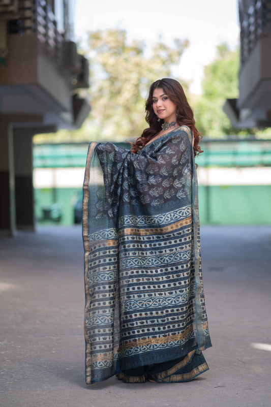 Iravati - Blue Ajrakh Maheshwari Silk Saree