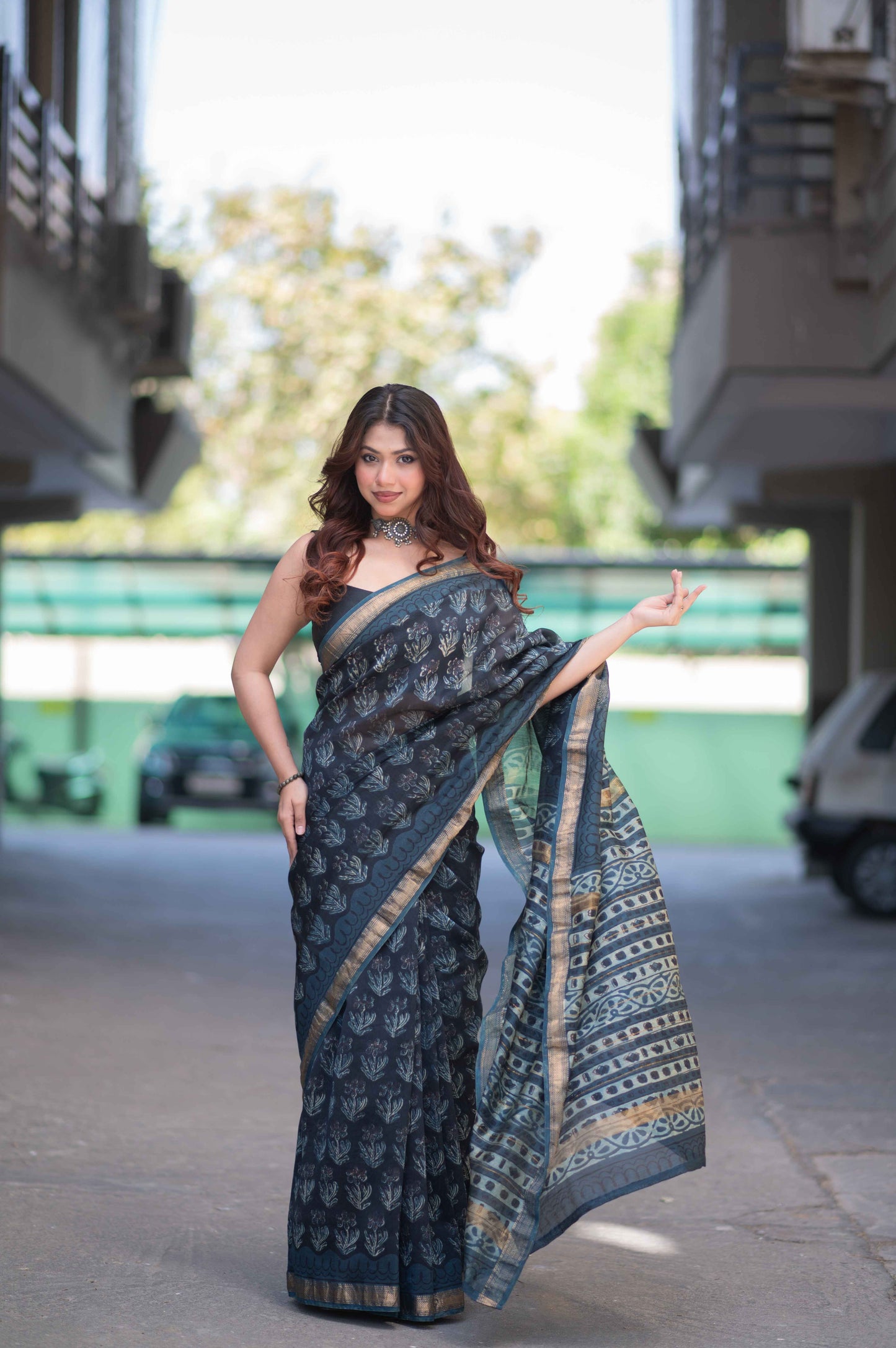 Iravati - Blue Ajrakh Maheshwari Silk Saree