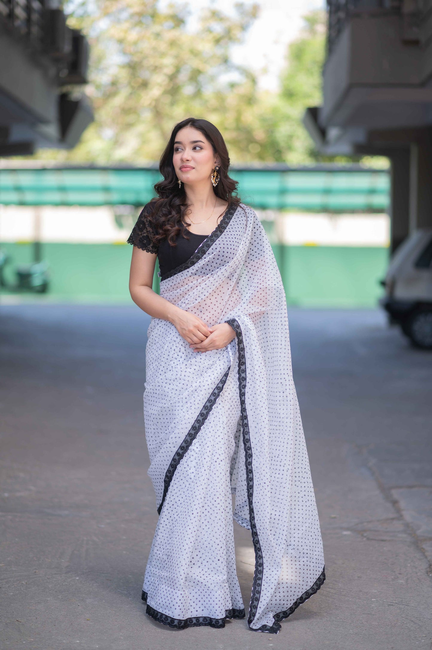 Ivory Speck - White Saree with Black Dots