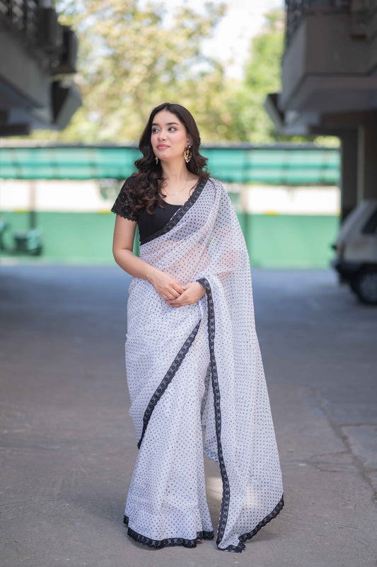Ivory Speck - White Saree with Black Dots