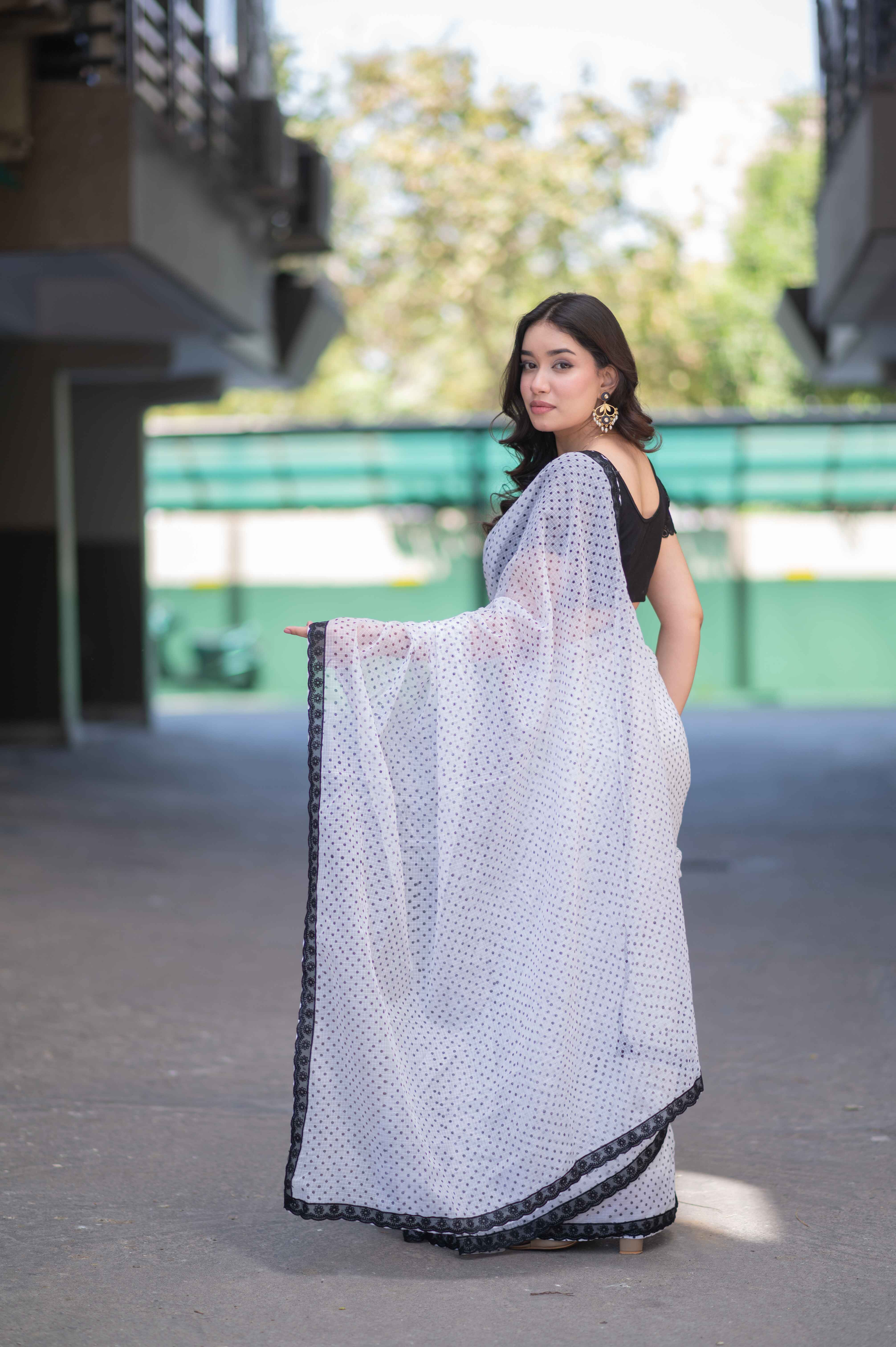 Ivory Speck - White Saree with Black Dots