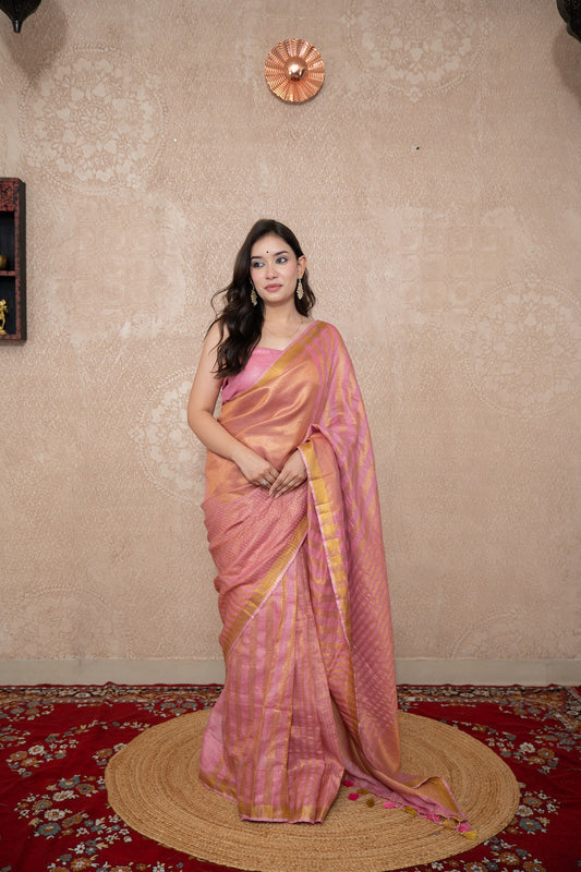 Indulekha- Pink Striped Zari Linen Saree