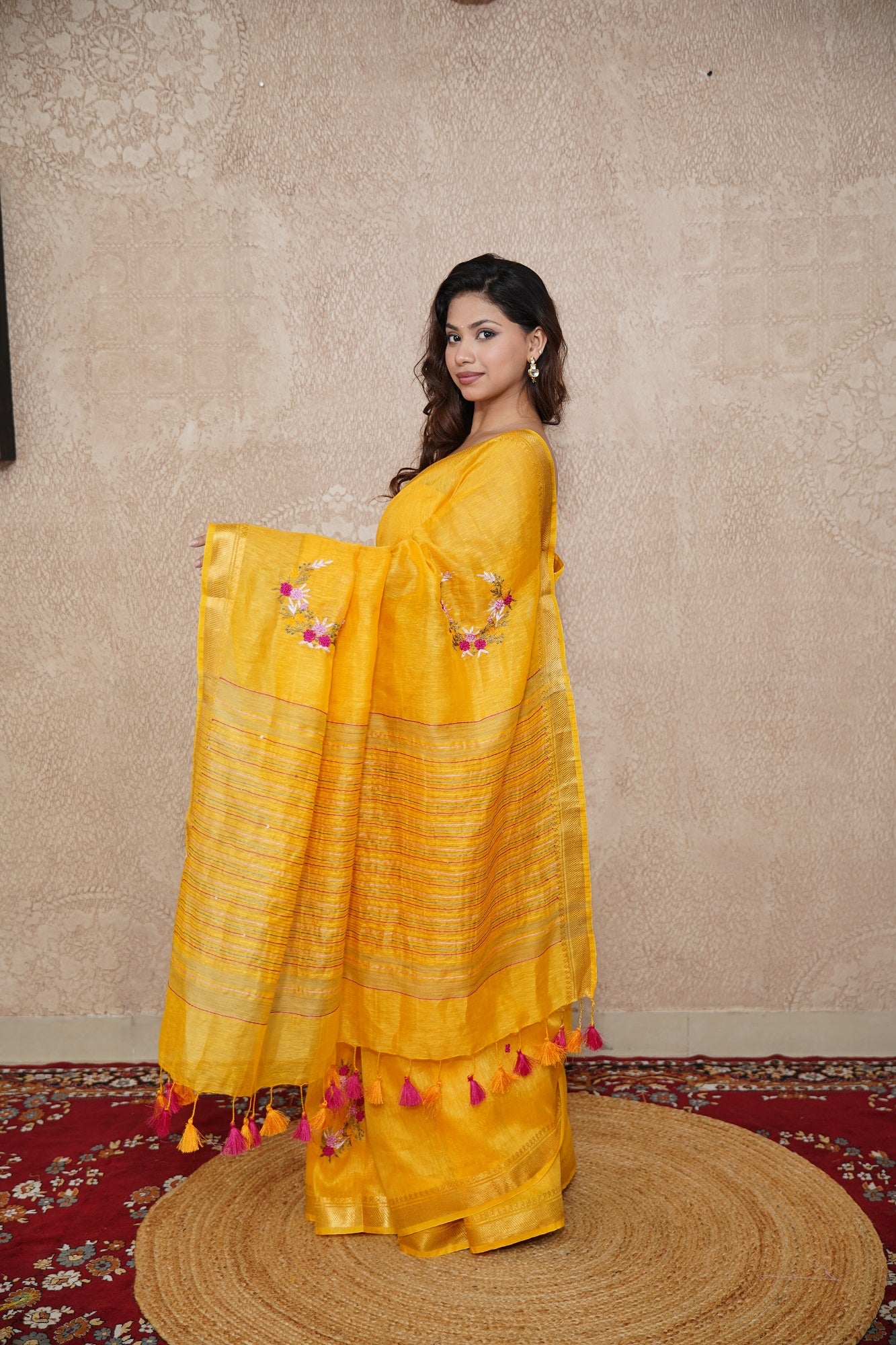 Ishya- Yellow Silk Linen Saree