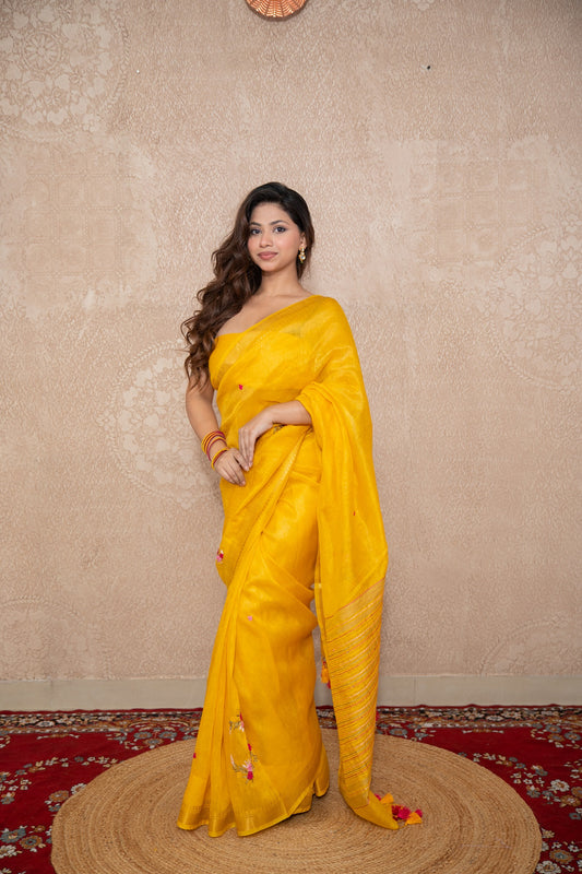 Ishya- Yellow Silk Linen Saree