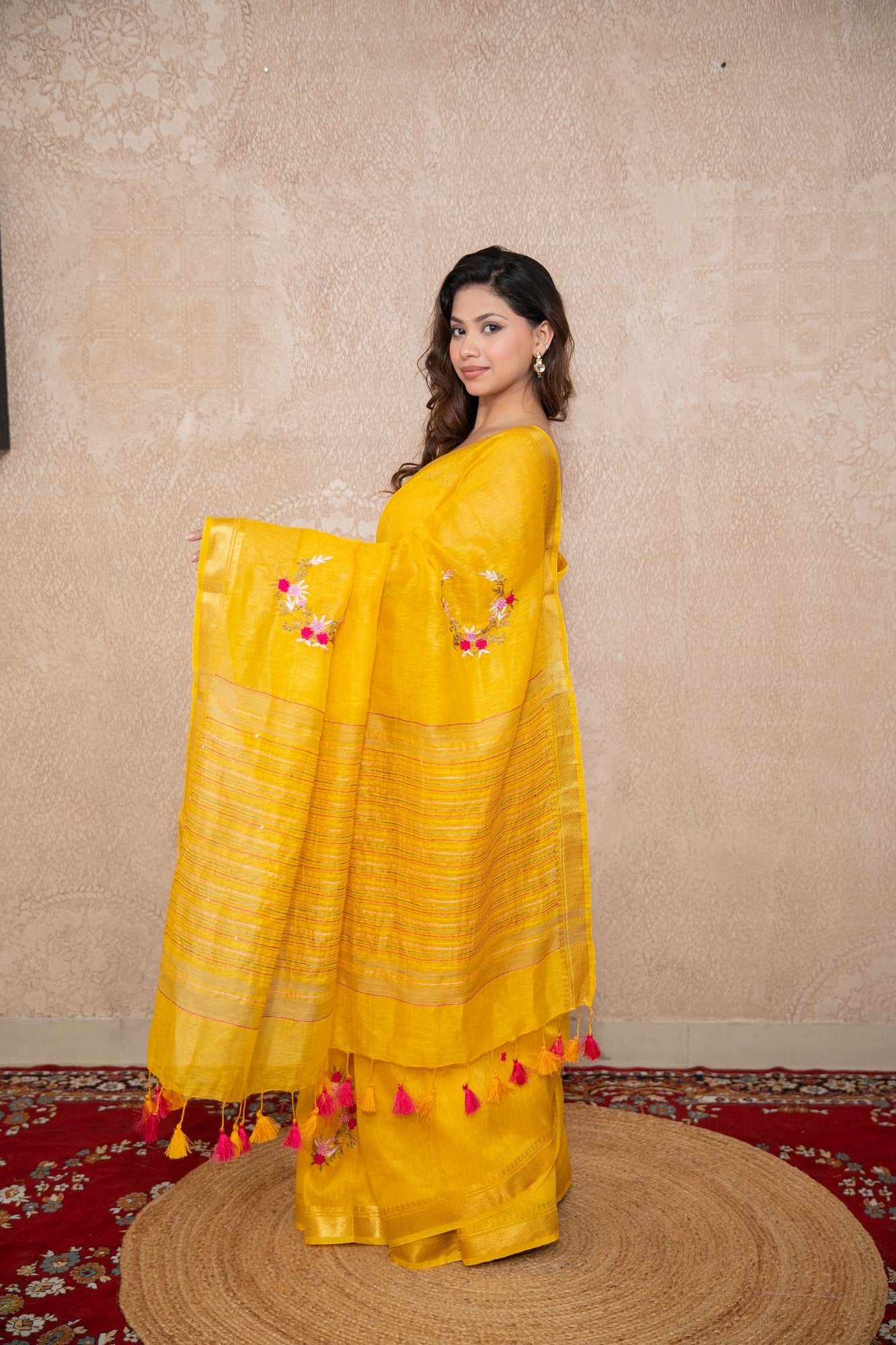 Ishya- Yellow Silk Linen Saree