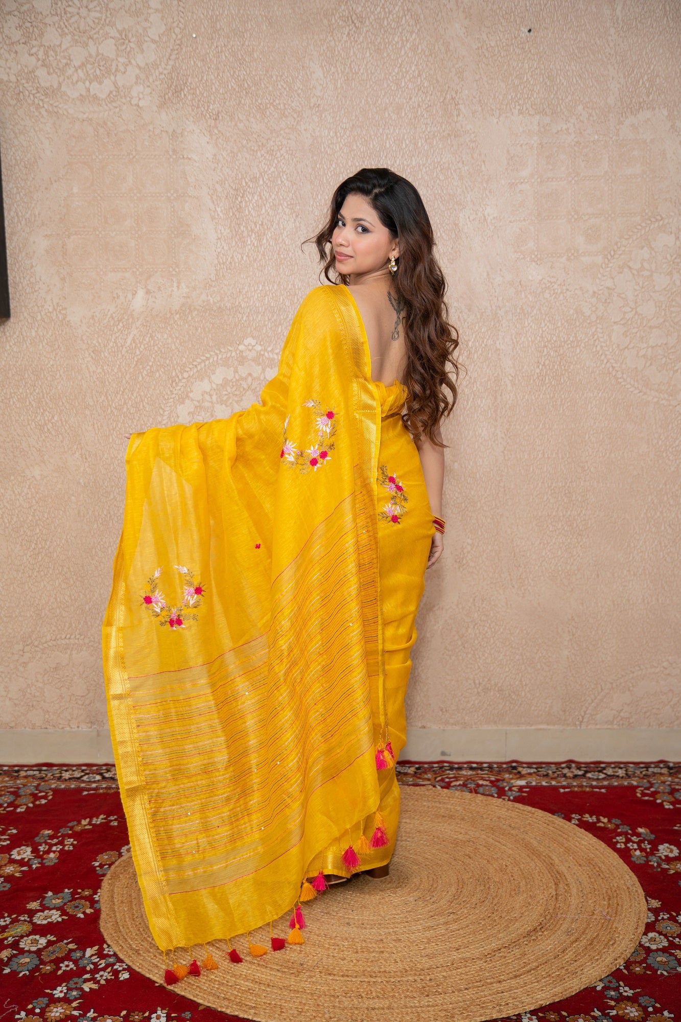 Ishya- Yellow Silk Linen Saree