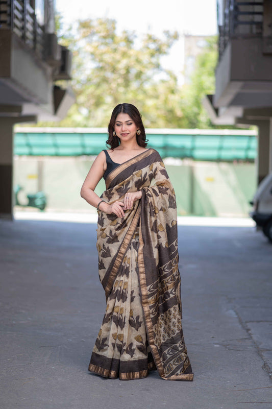 Kamalini- Beige Ajrakh Maheshwari Silk Saree