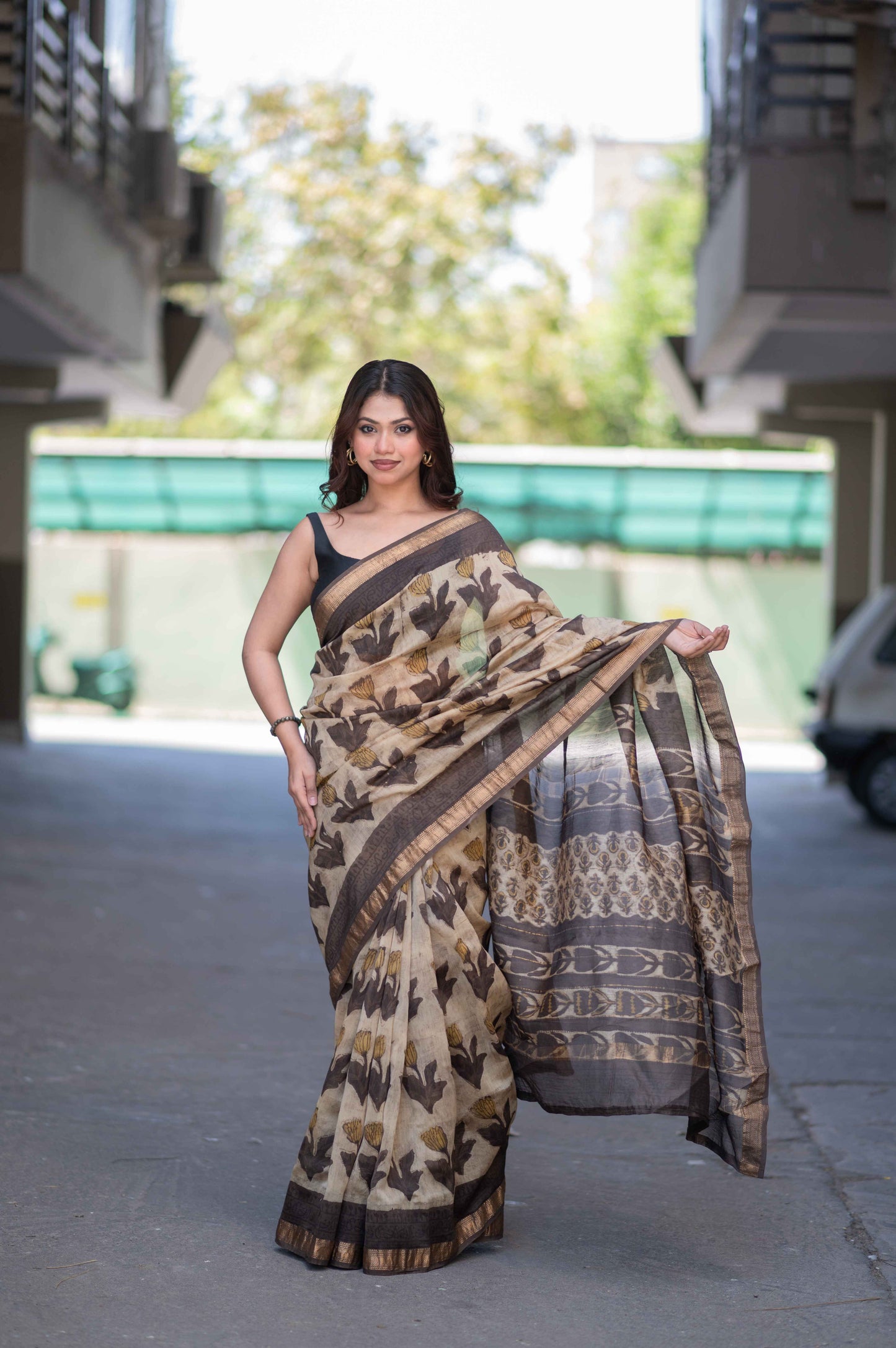 Kamalini- Beige Ajrakh Maheshwari Silk Saree
