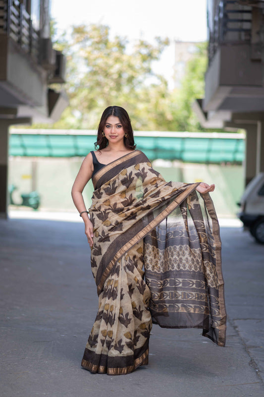 Kamalini- Beige Ajrakh Maheshwari Silk Saree
