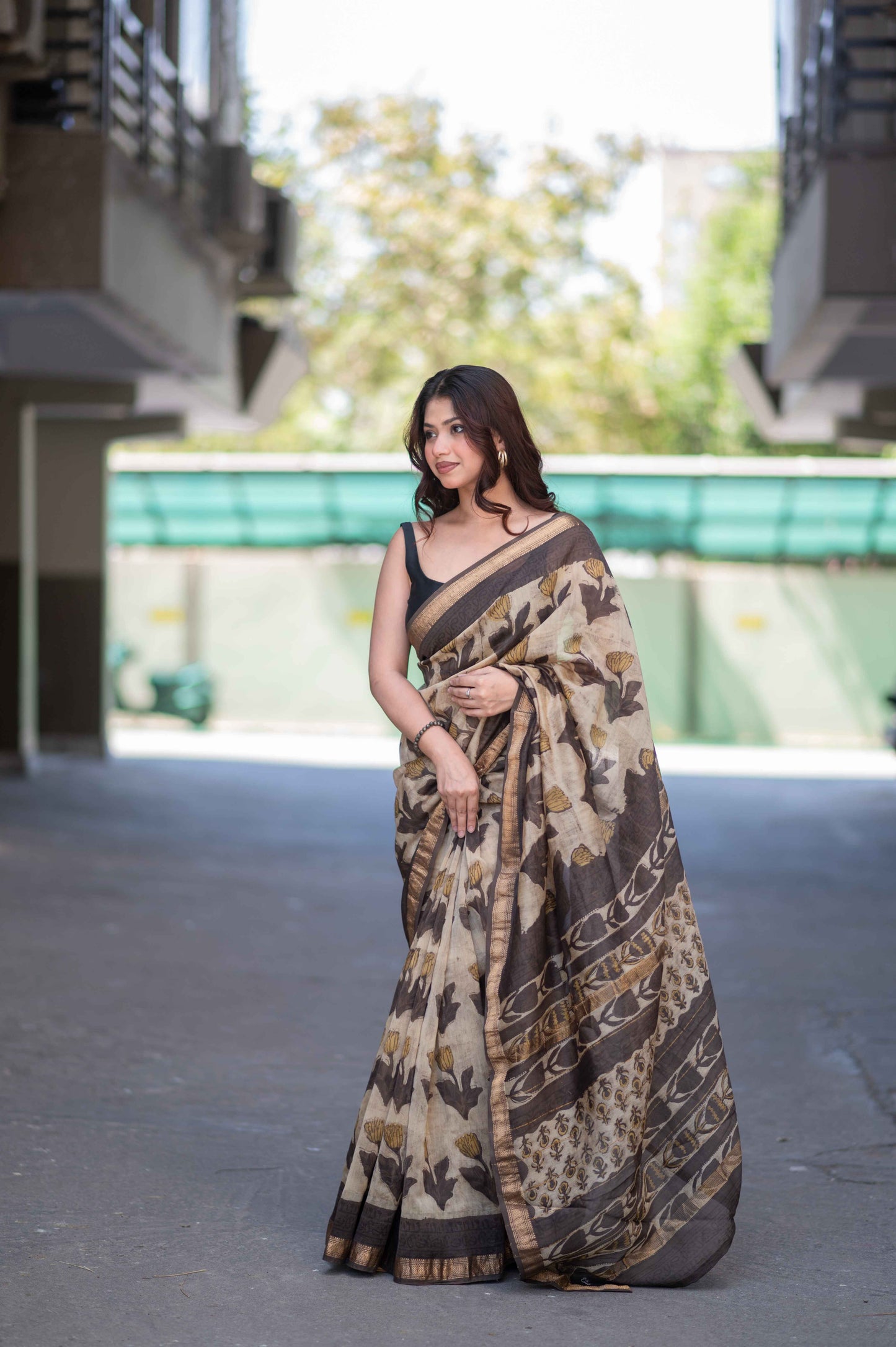 Kamalini- Beige Ajrakh Maheshwari Silk Saree