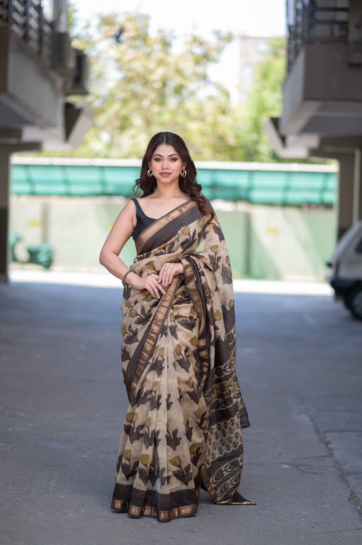 Kamalini- Beige Ajrakh Maheshwari Silk Saree