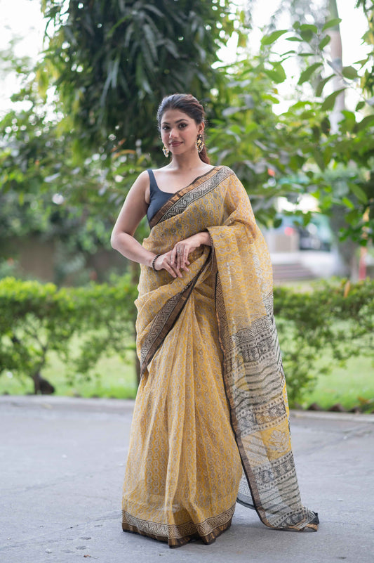 Marigold- Yellow Ajrakh Kota Doria Saree