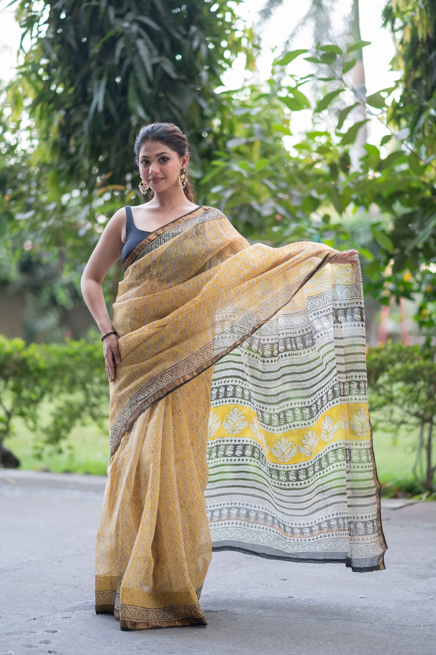 Marigold- Yellow Ajrakh Kota Doria Saree
