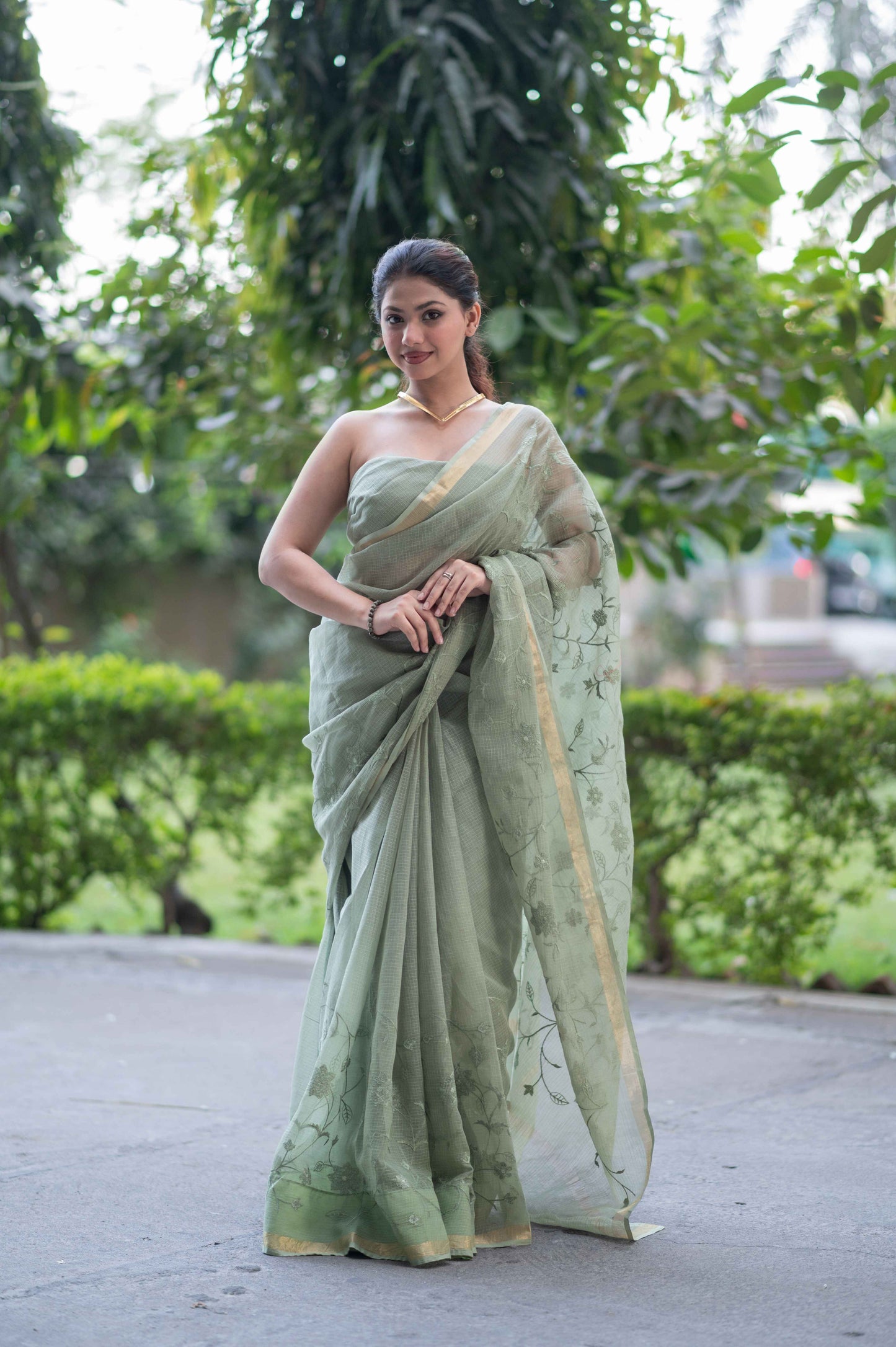 Meadow Grace- Green Kota Doria Saree