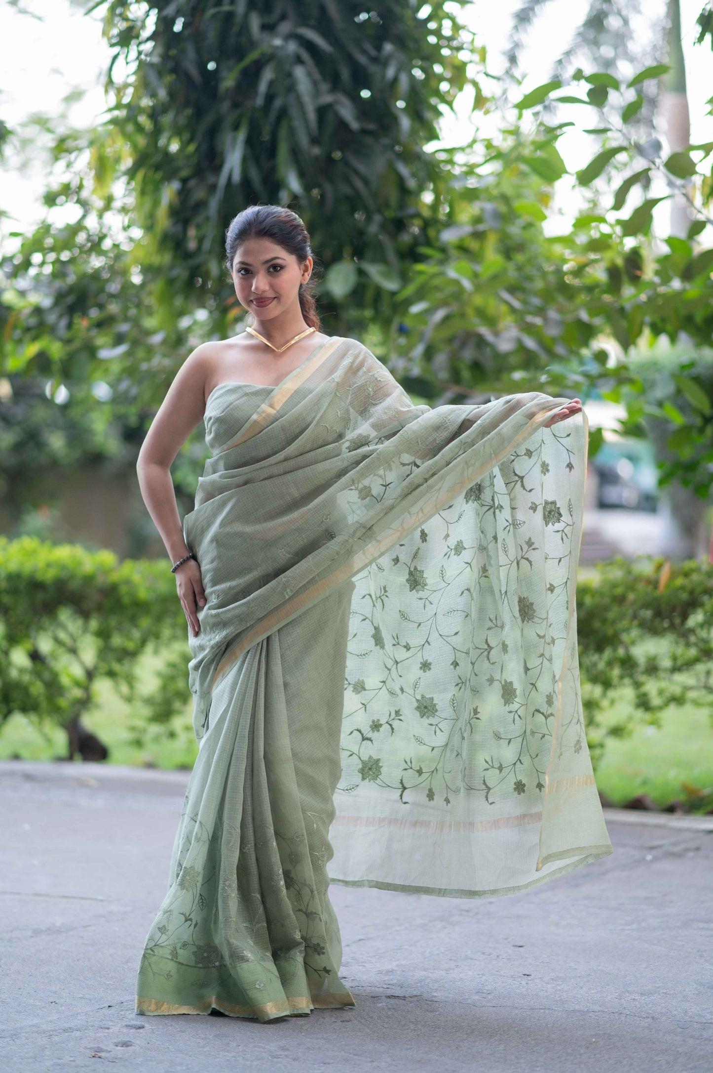 Meadow Grace- Green Kota Doria Saree