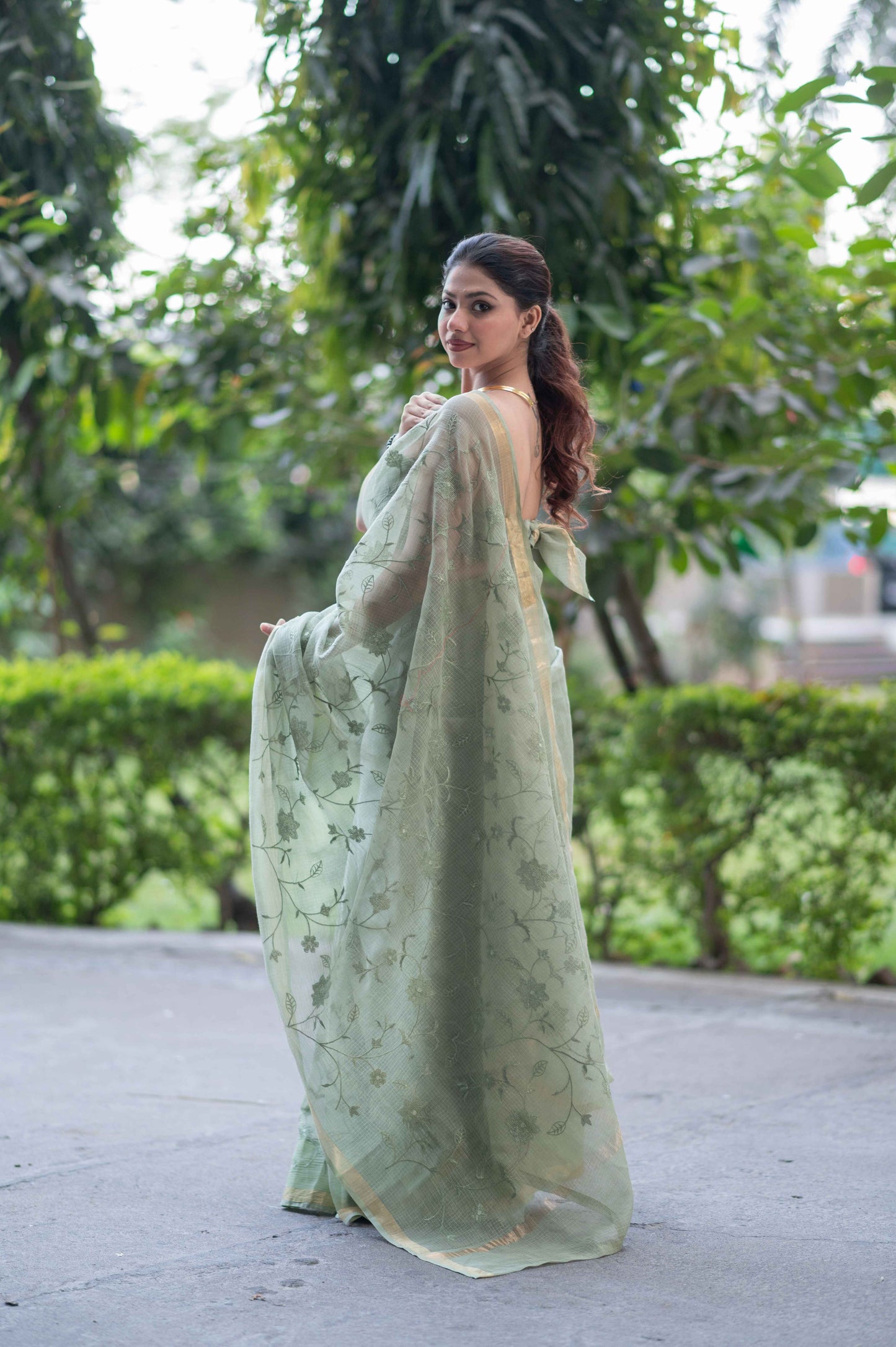 Meadow Grace- Green Kota Doria Saree