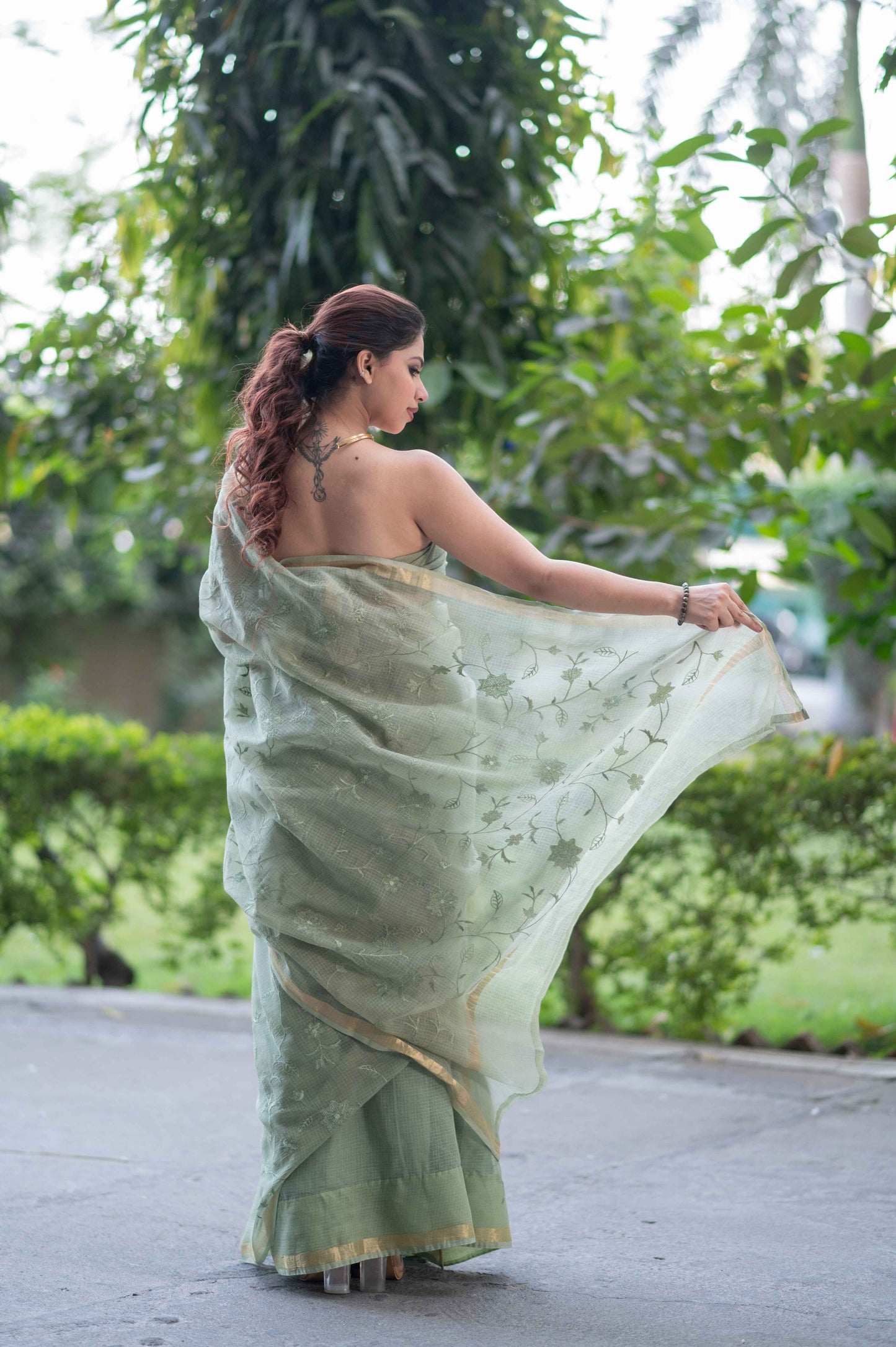 Meadow Grace- Green Kota Doria Saree