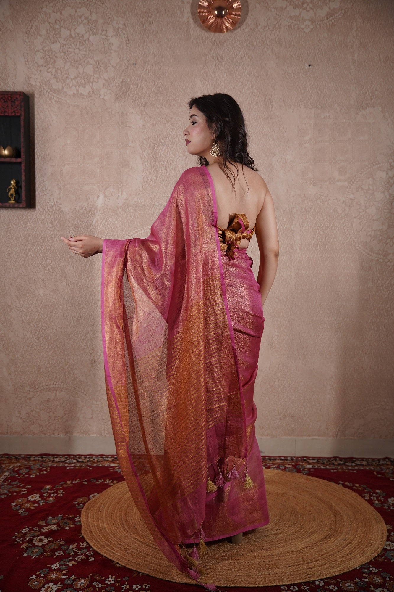 Maahi- Pink Zari Saree with striped pallu