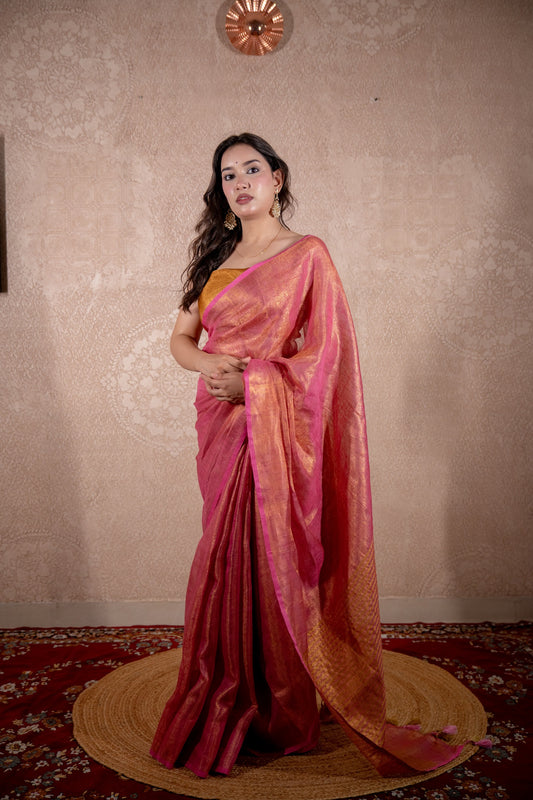 Maahi- Pink Zari Saree with striped pallu