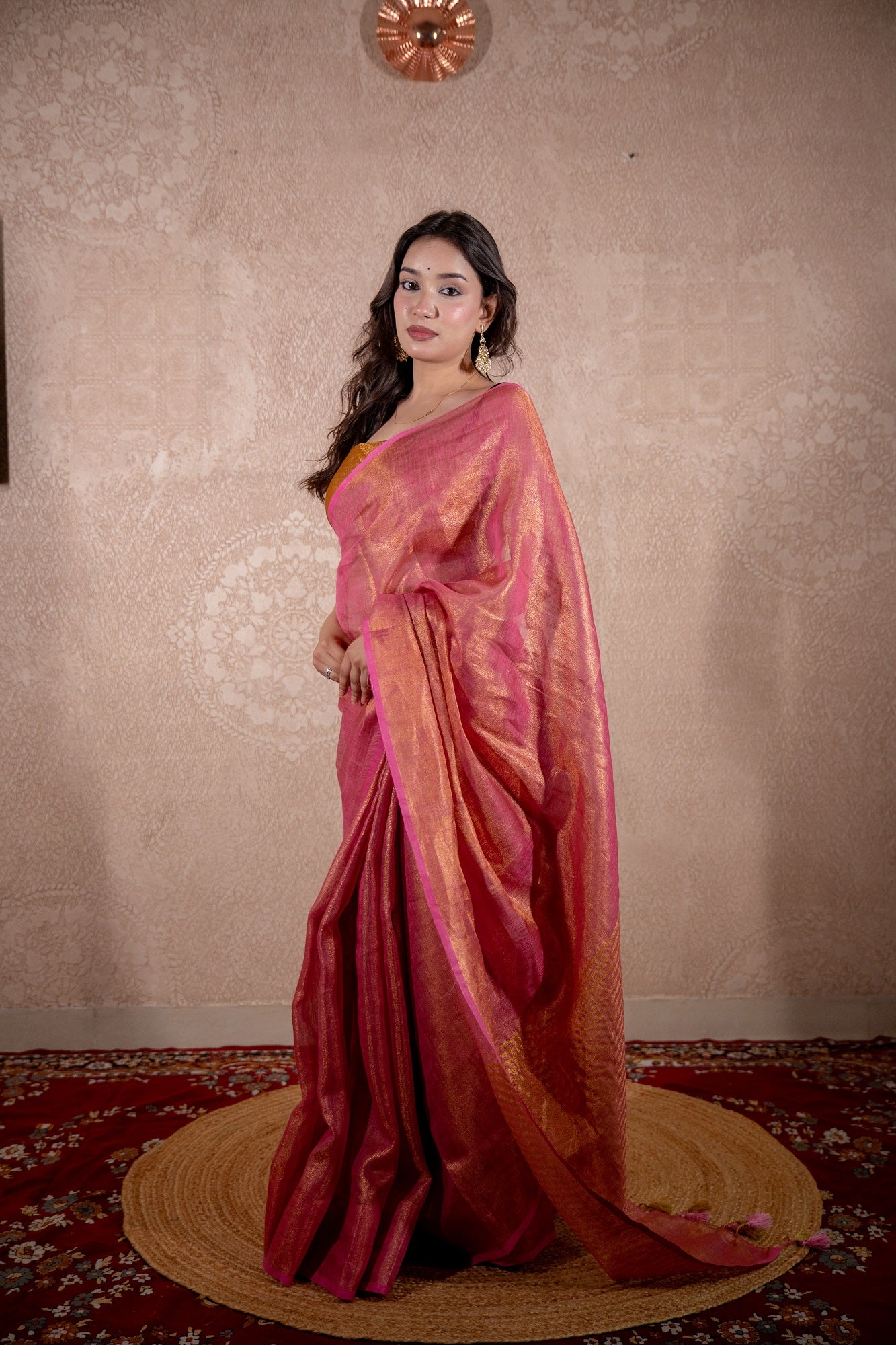 Maahi- Pink Zari Saree with striped pallu