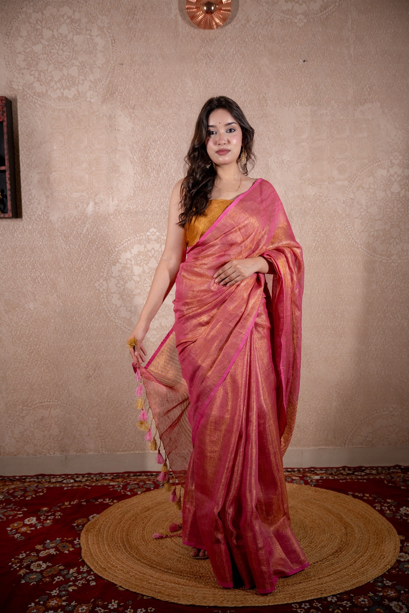 Maahi- Pink Zari Saree with striped pallu