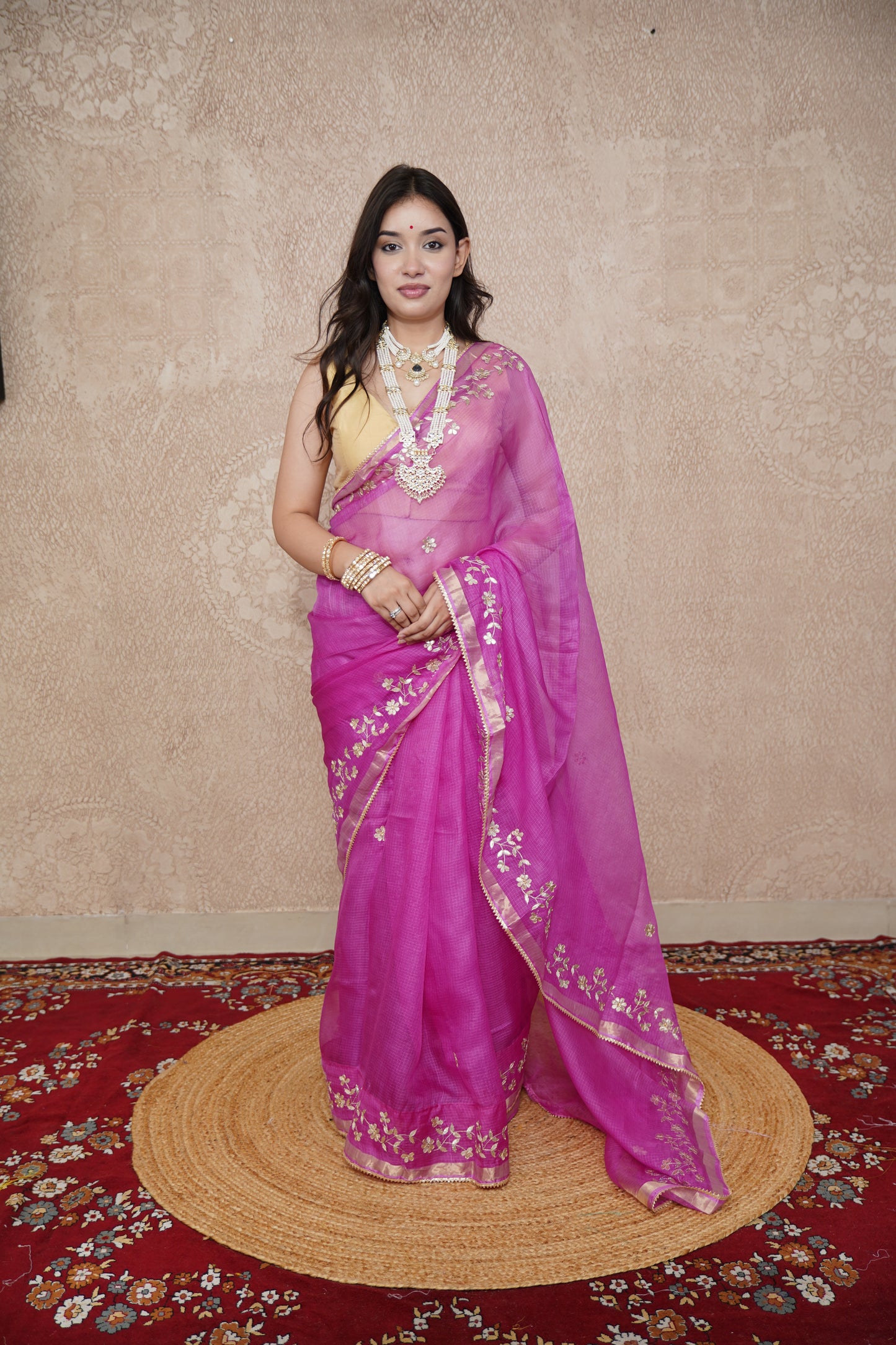 Madhurima- Pink Floral Gota Saree