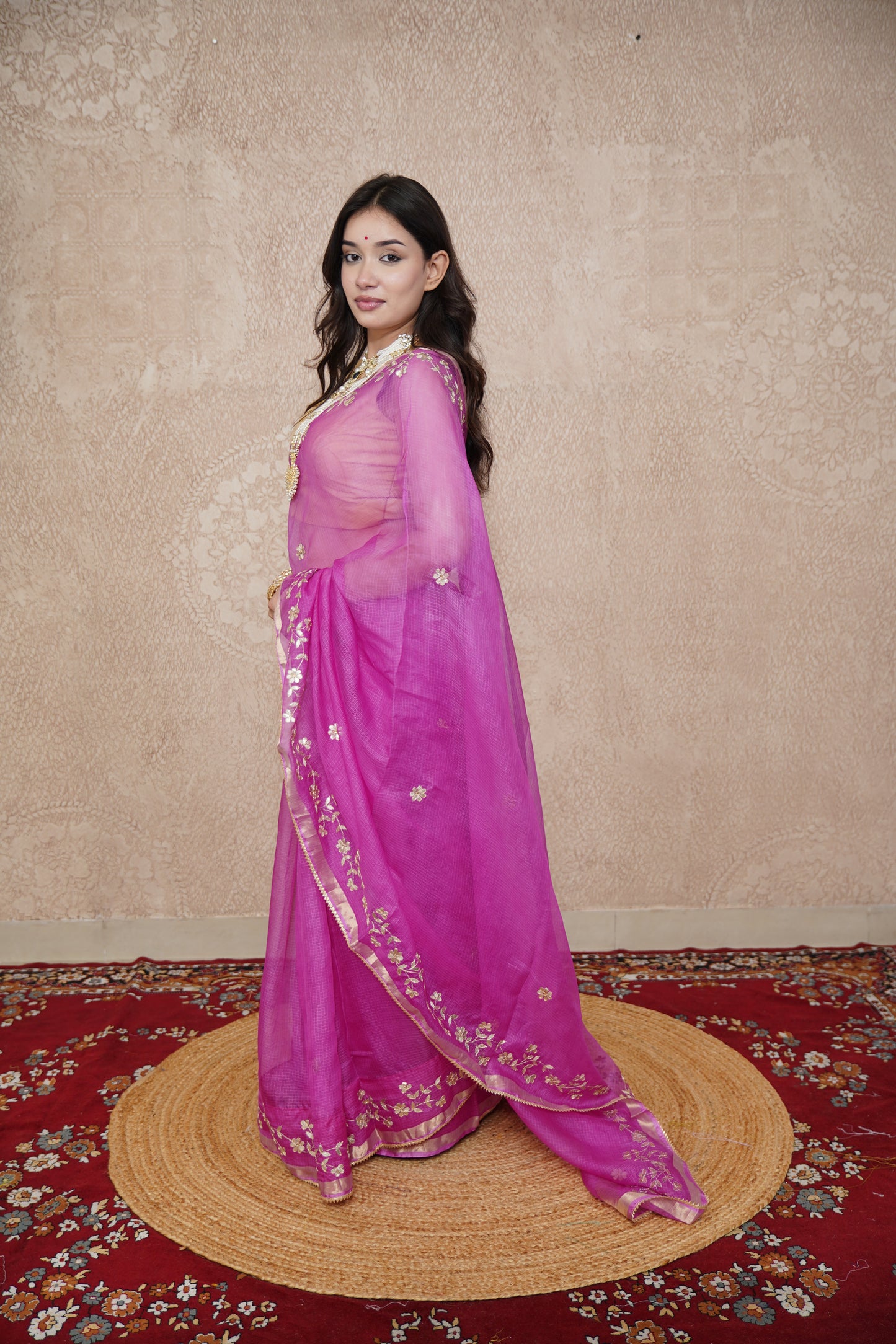 Madhurima- Pink Floral Gota Saree