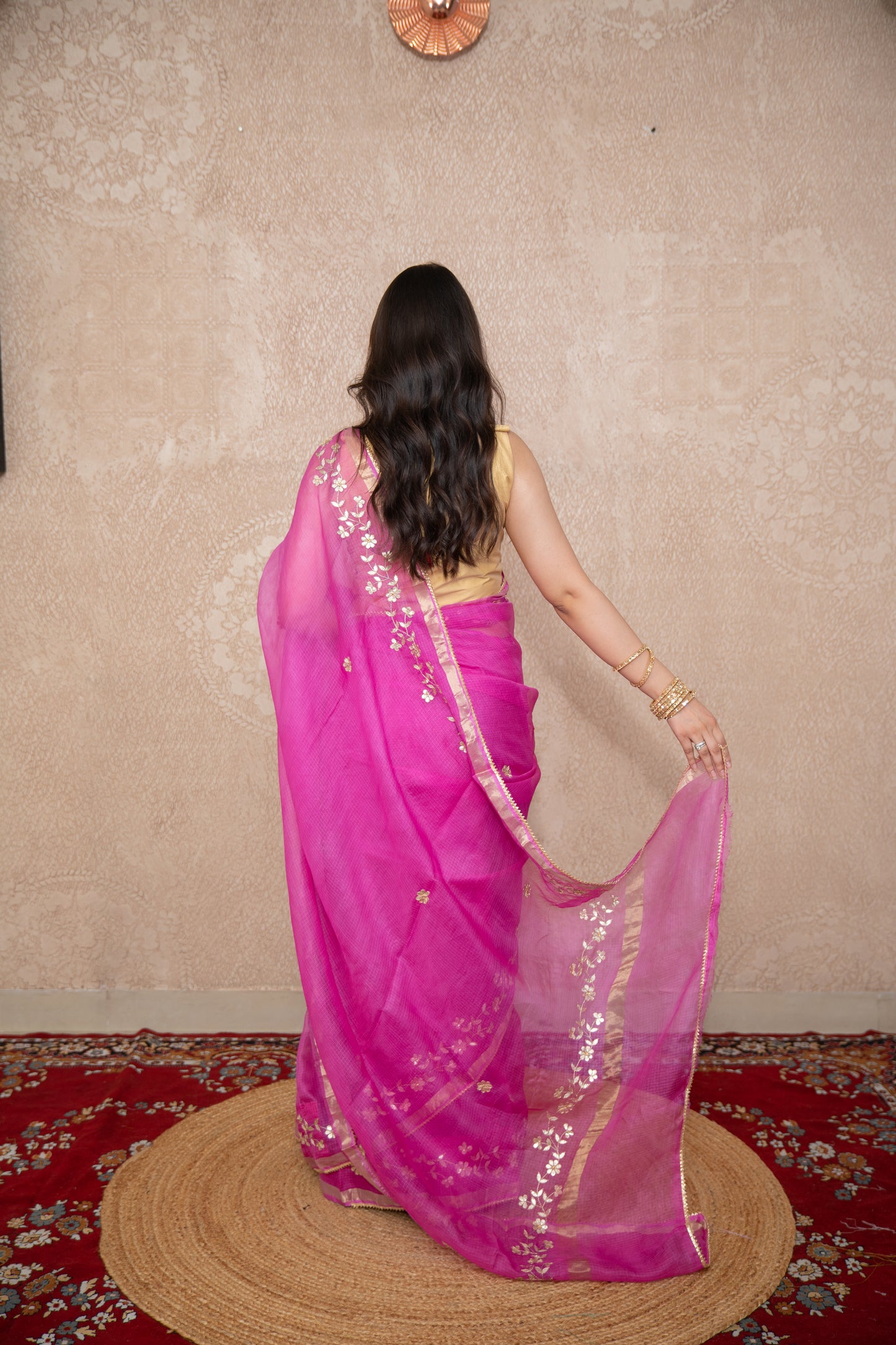 Madhurima- Pink Floral Gota Saree