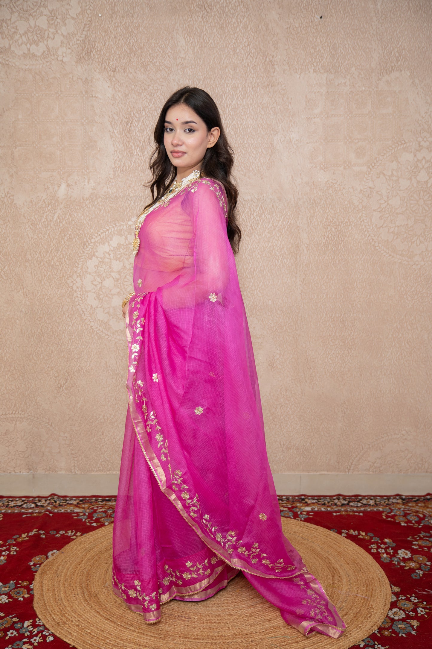 Madhurima- Pink Floral Gota Saree