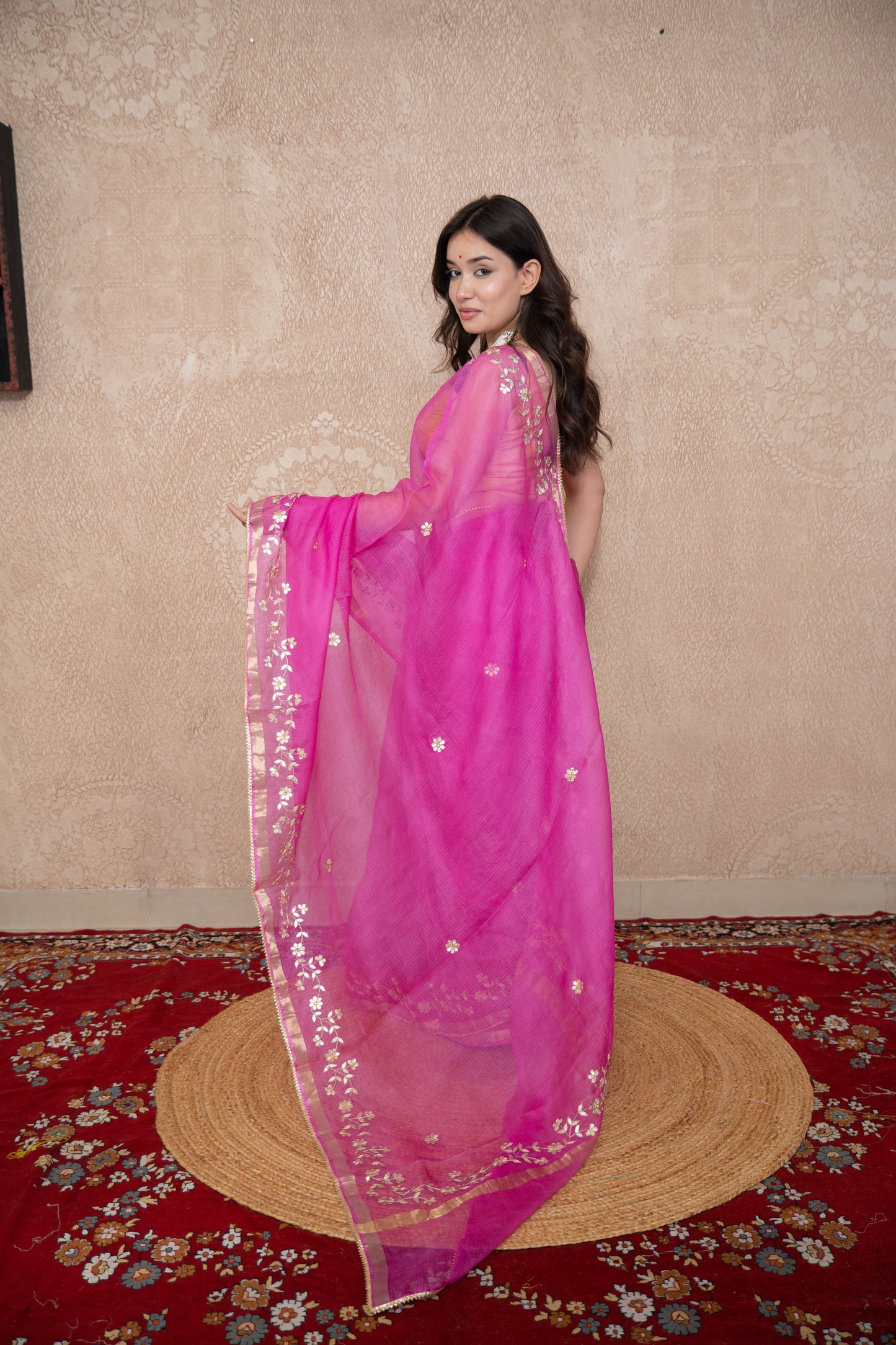 Madhurima- Pink Floral Gota Saree
