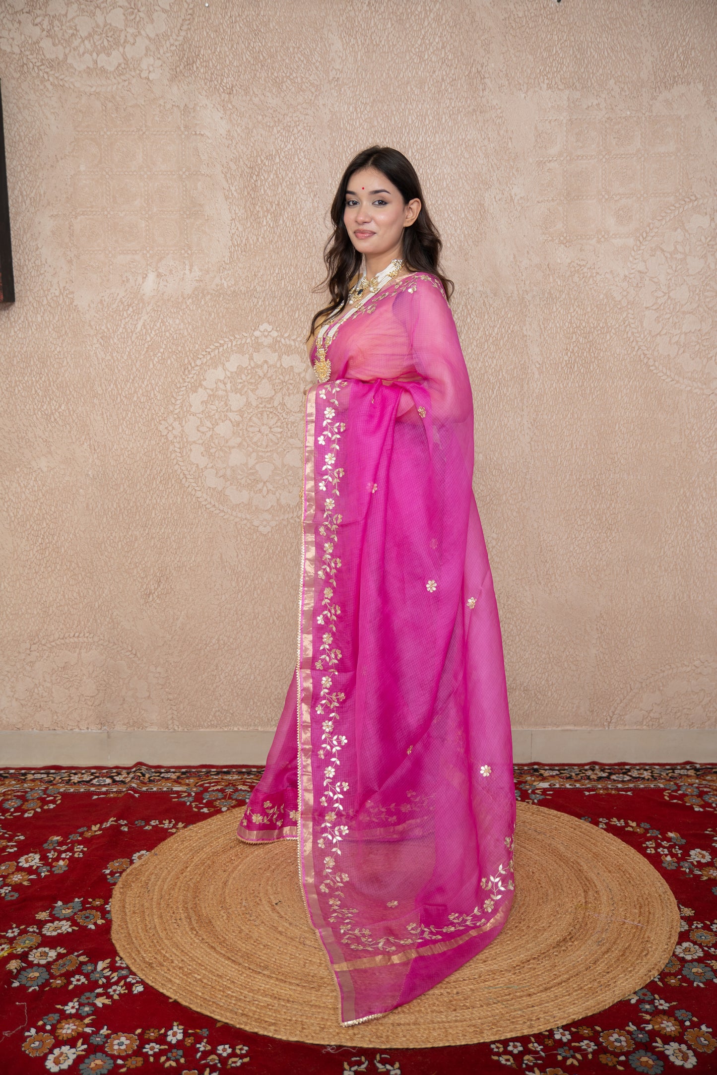 Madhurima- Pink Floral Gota Saree