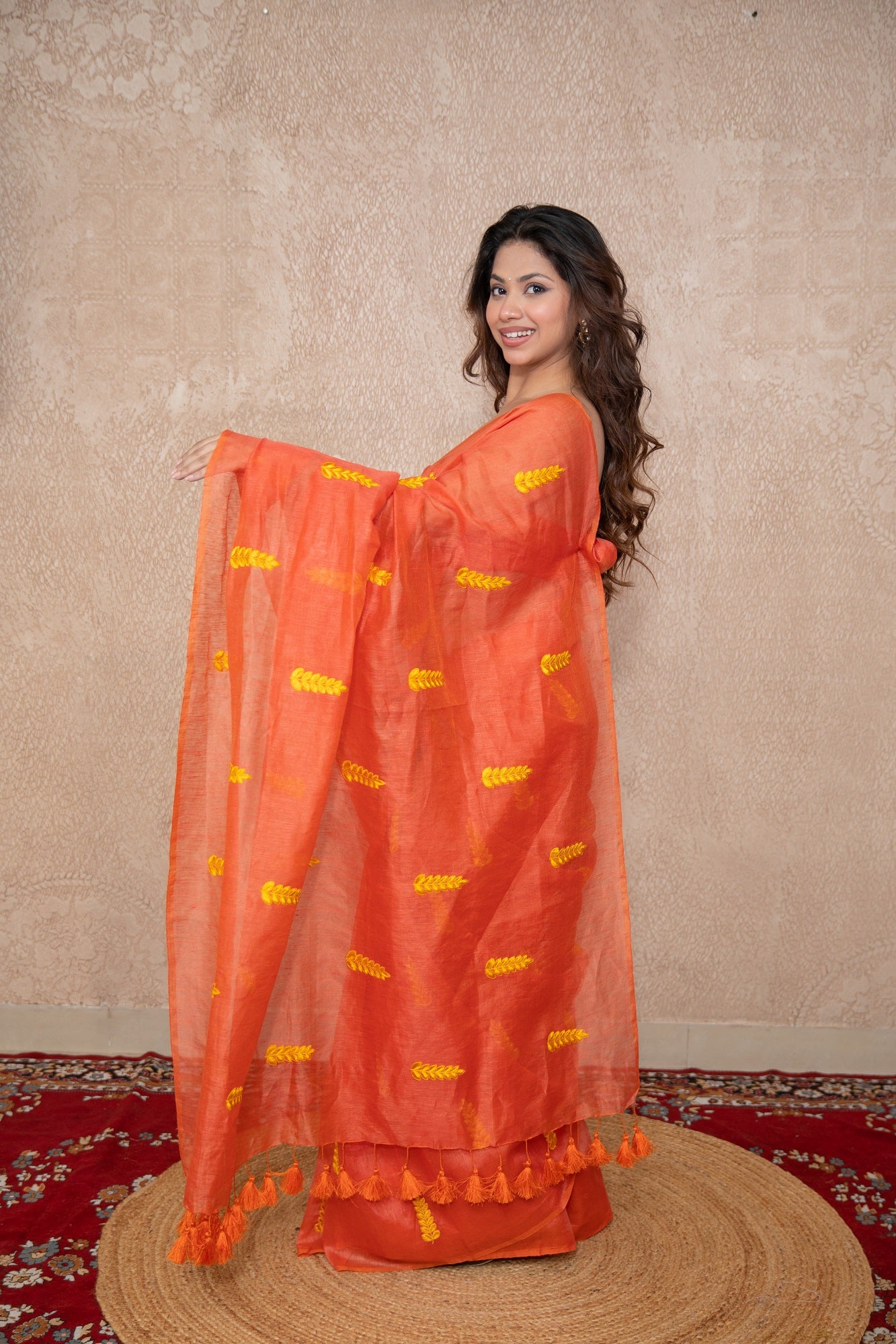 Malhar- Orange Silk Saree with leaf embroidery