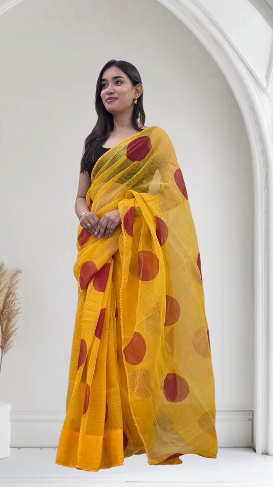 Mathe Ri Bindu- Yellow Kota Doria Saree