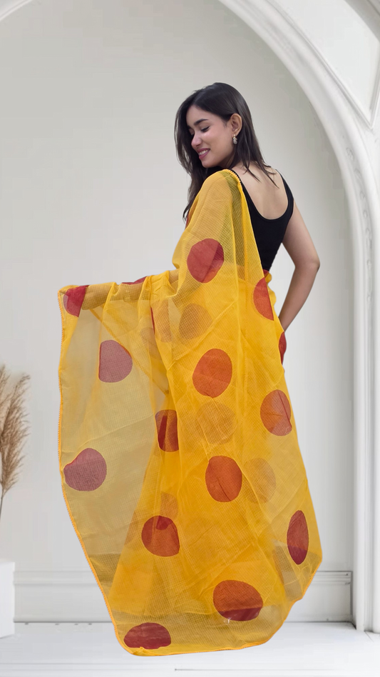 Mathe Ri Bindu- Yellow Kota Doria Saree