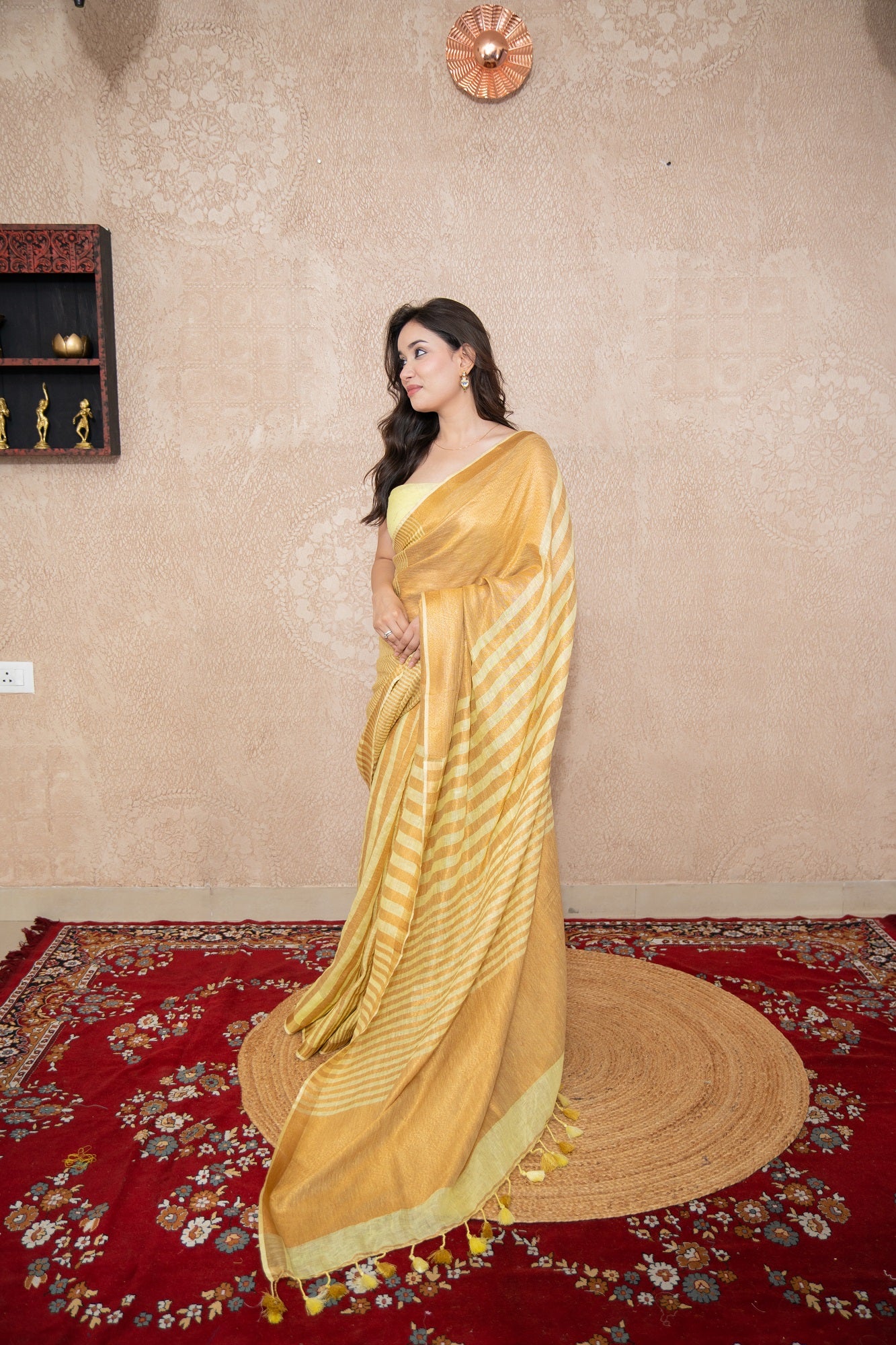 Meghrima- Yellow Striped Zari Linen Saree