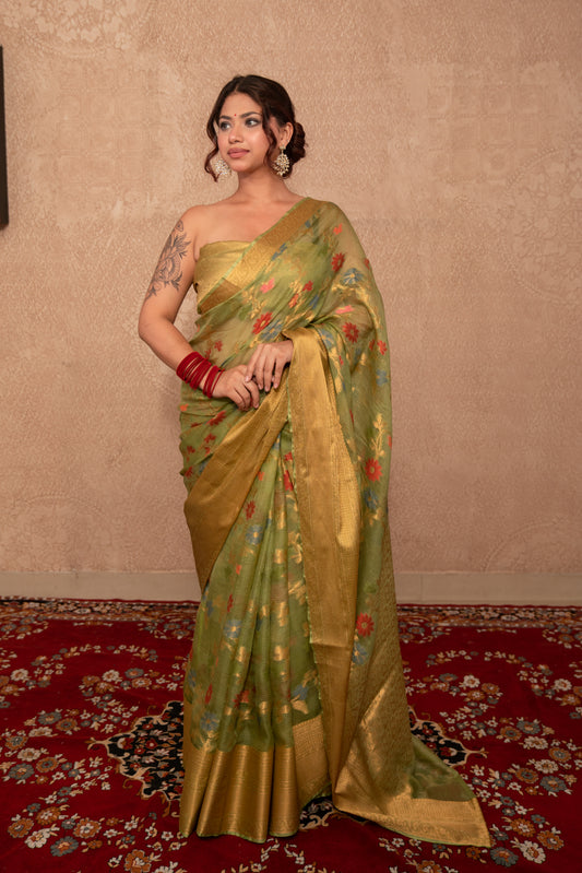 Misri- Green Floral Kota Silk Saree