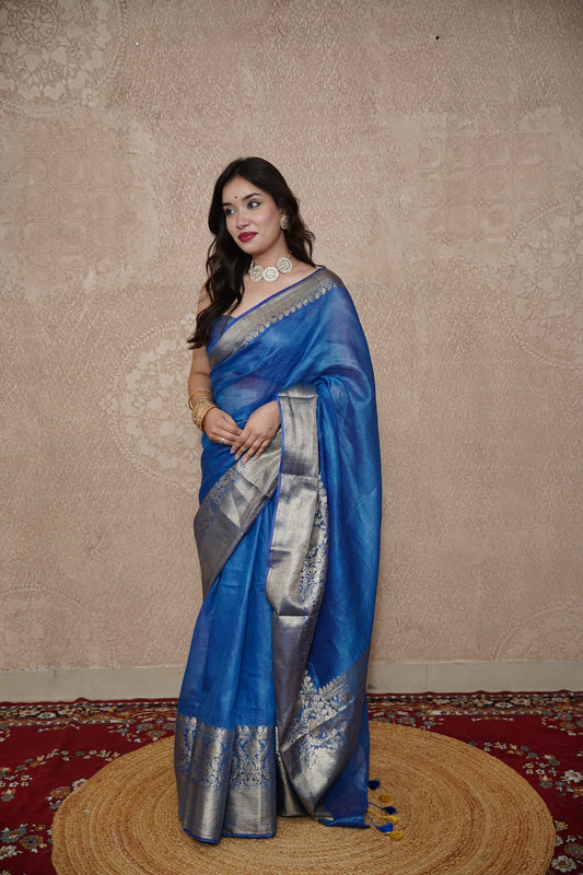 Nilaya- Blue Silk Linen Saree