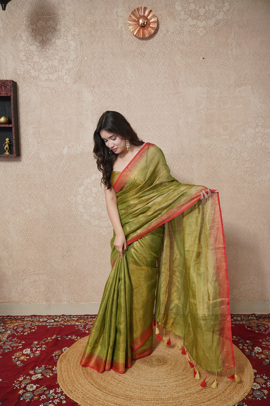 Nira- Green Zari Linen  Saree