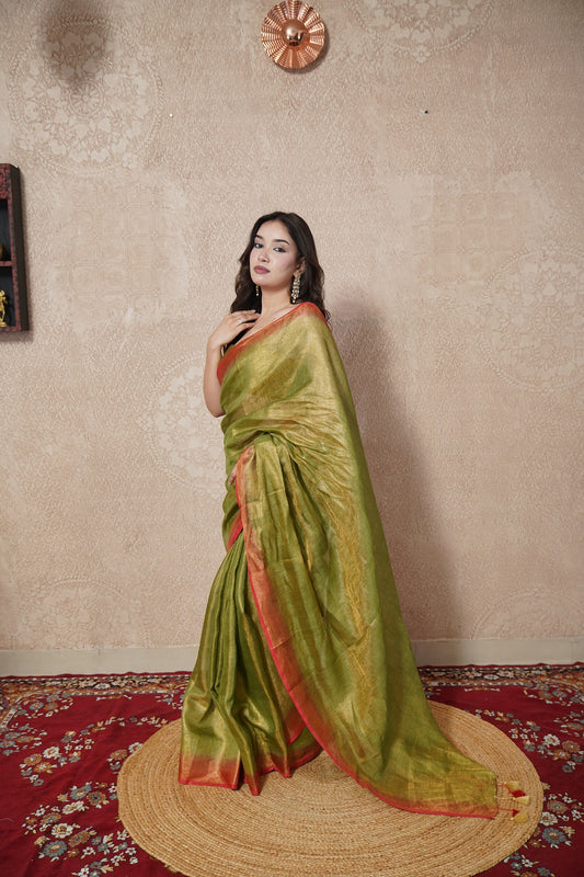 Nira- Green Zari Linen  Saree