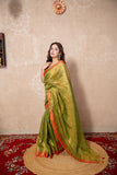 Nira- Green Zari Linen  Saree