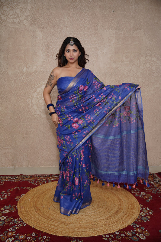 Noopur - Blue Silk Linen Saree
