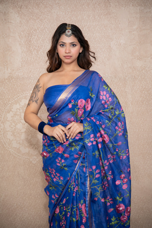 Noopur - Blue Silk Linen Saree