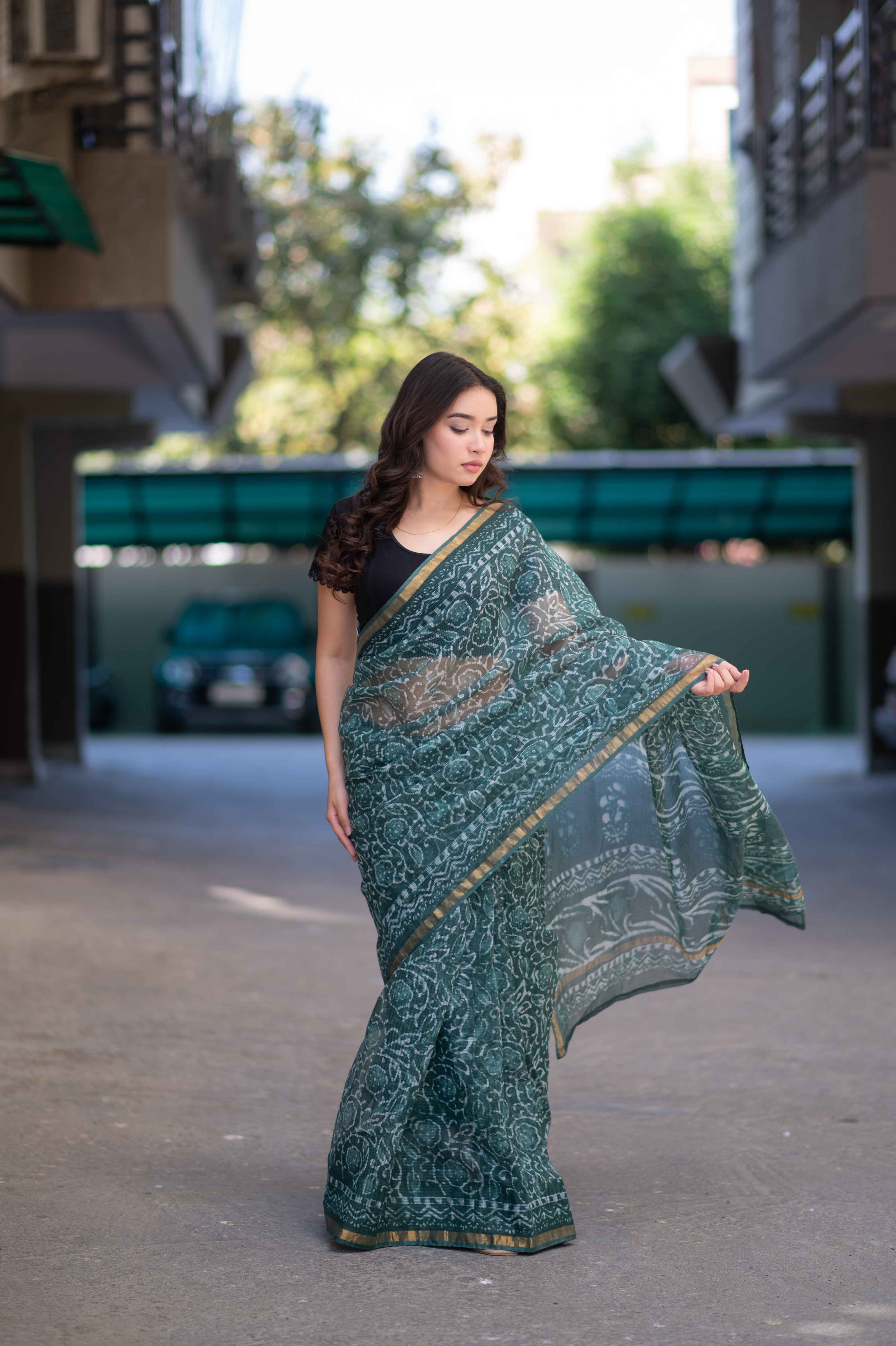 Olive Whisper - Green Dabu Kota Doria Saree