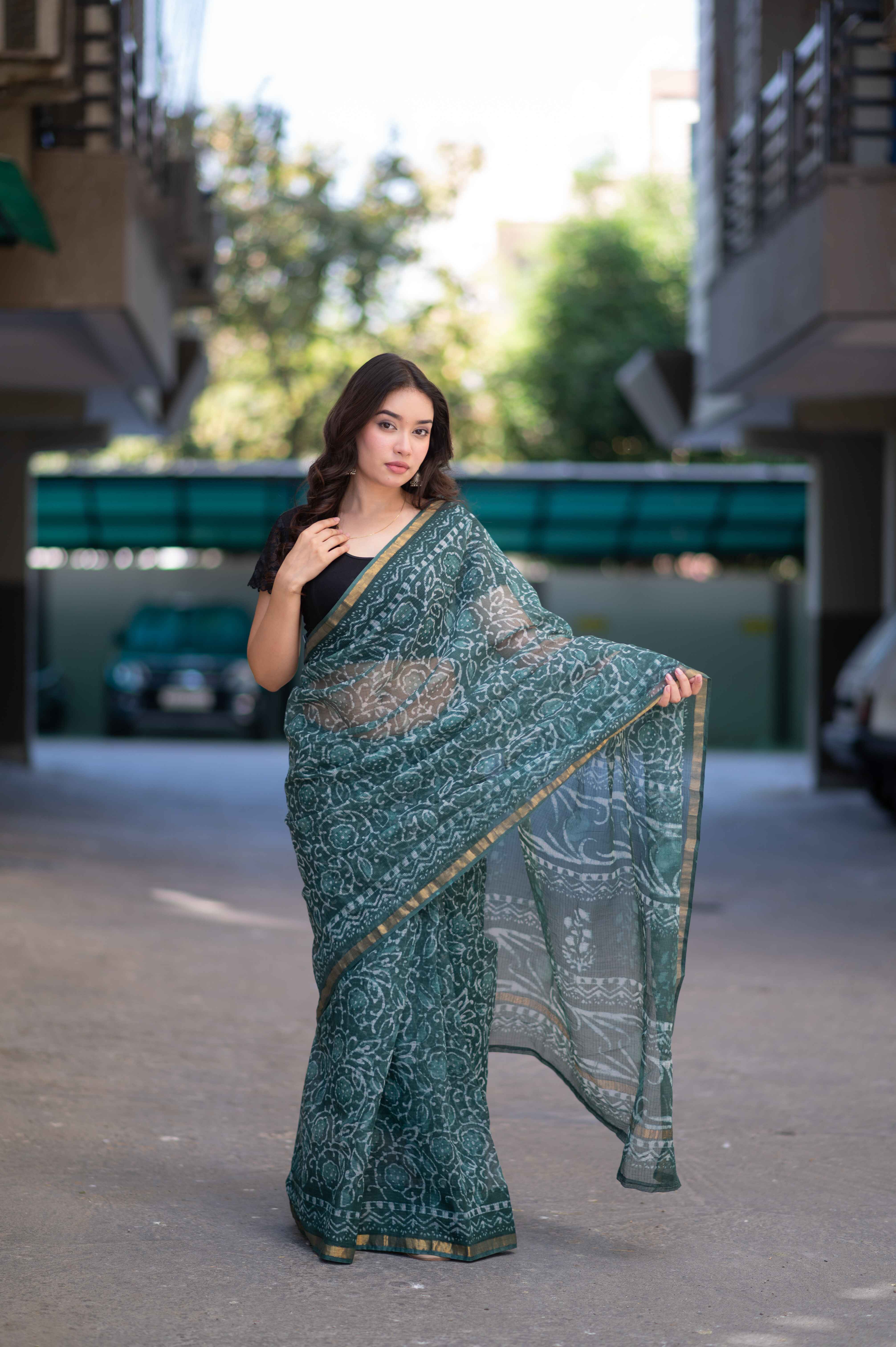 Olive Whisper - Green Dabu Kota Doria Saree