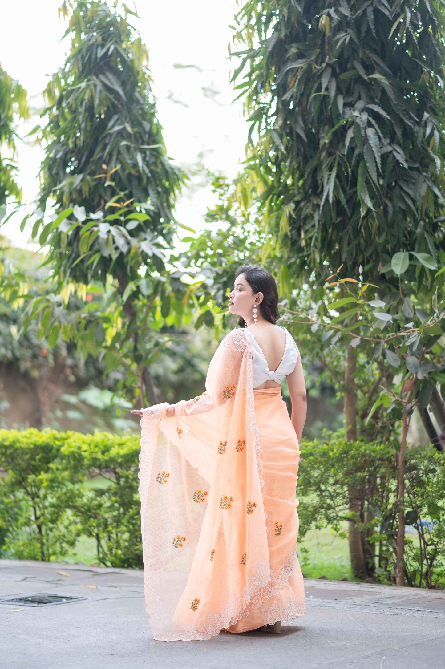 Peach Petal- Embroidered Kota Doria Saree