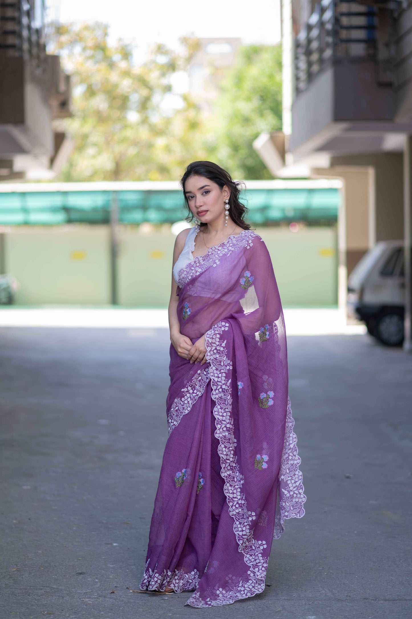 Plum Allure- Embroidered Kota Doria Saree