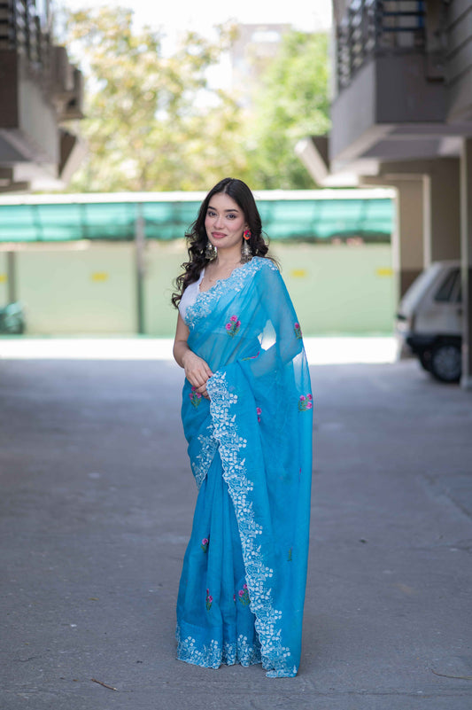 Serene Drift- Blue Kota Doria Saree