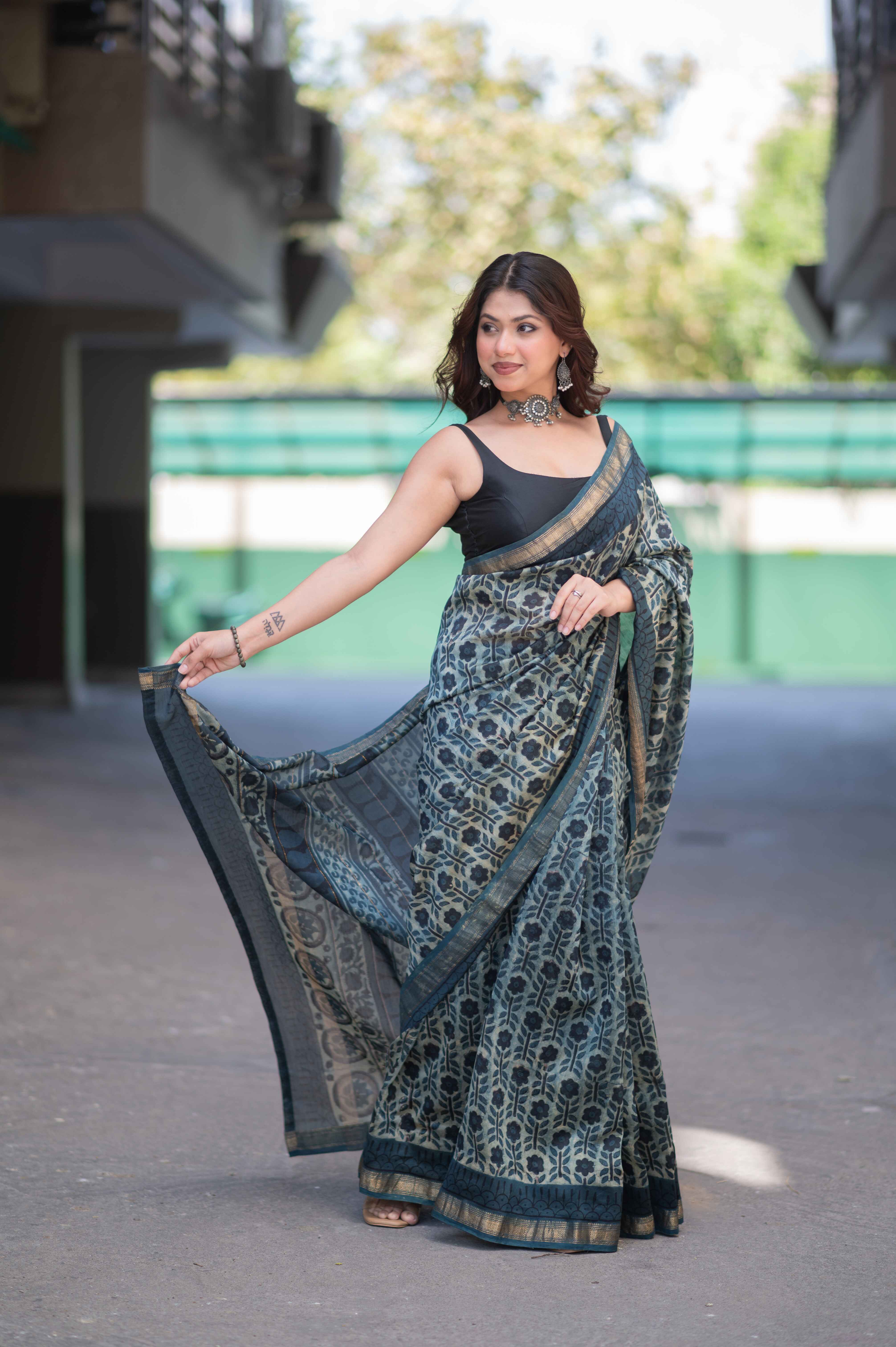 Sharvini- Beige Ajrakh Maheshwari Silk Saree